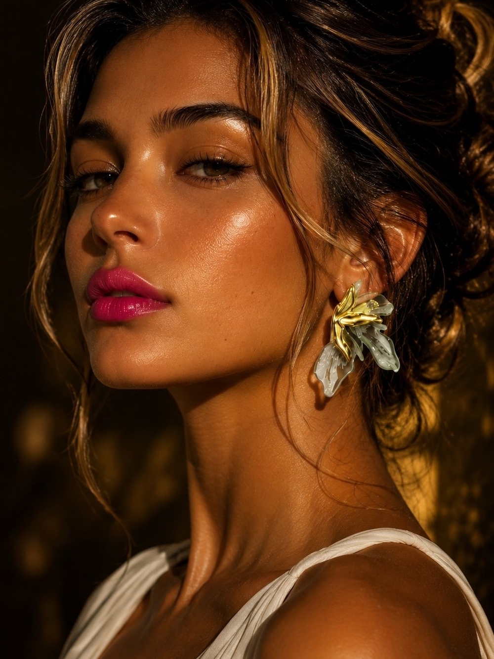Gold Floral Drop Earrings with Pearlescent Petals